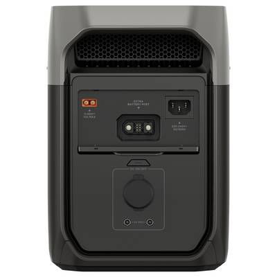 A portable power source with connections for an extension battery, alternating current, and a main switch, pictured on the reverse side.