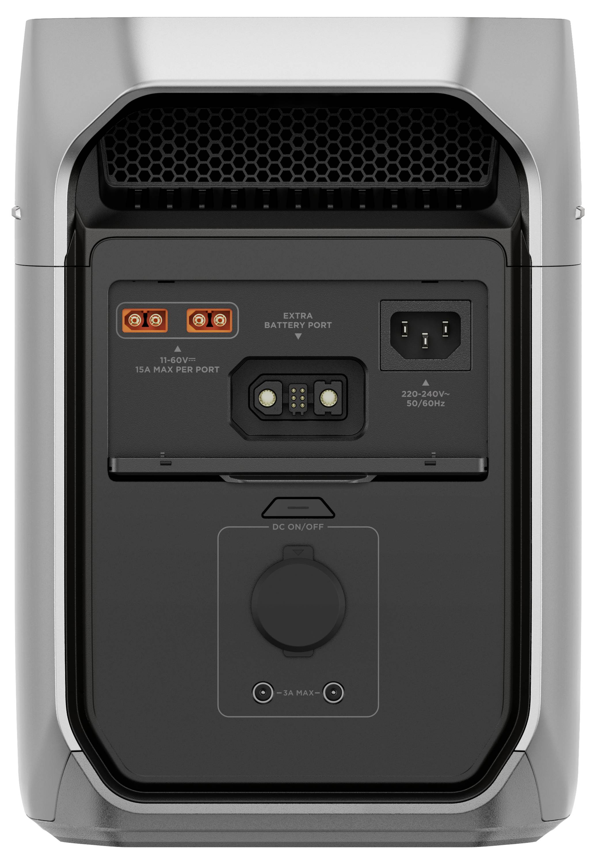 A black portable power generator with multiple ports and a fold-out handle on top. Suitable for power supply on the go.