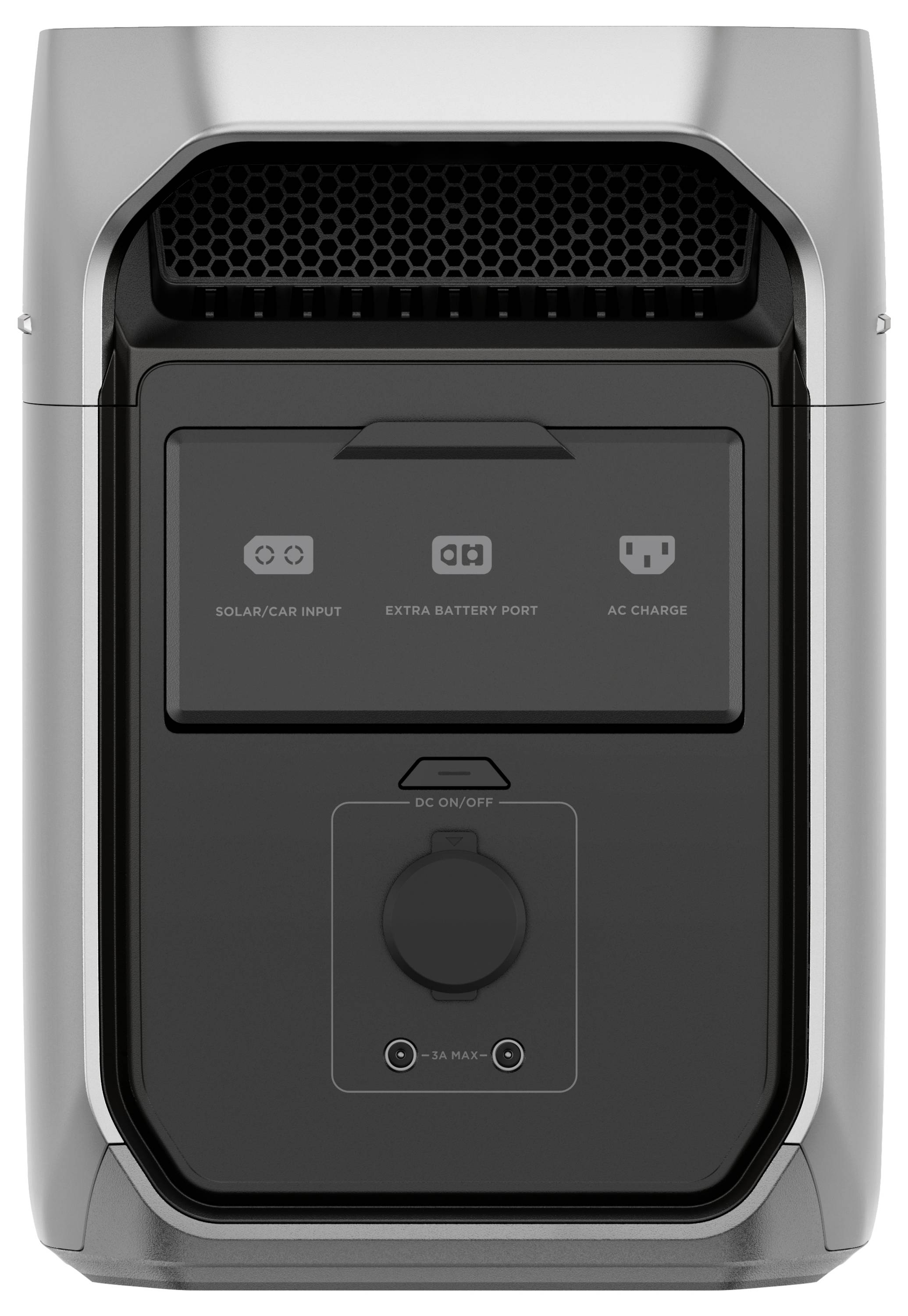 Electricity generator with connections for solar and car charging, as well as alternating current. Power switch and DC output located at the bottom.