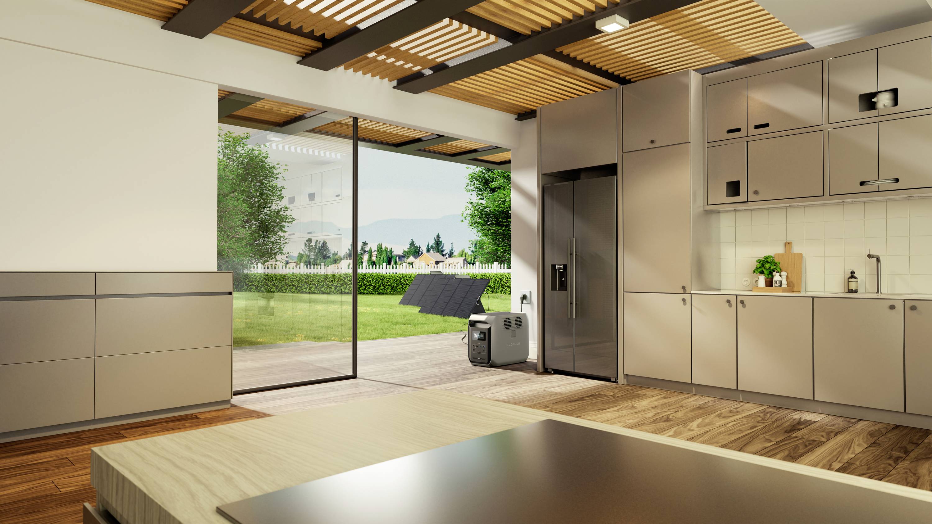 Modern kitchen with a wooden ceiling, open access to a garden and large windows. Outside, trees and solar panels can be seen.