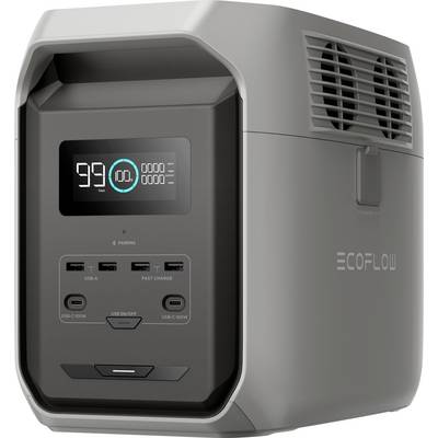 Portable power station with screen display showing '99%', five USB outputs and ventilation slots; brand 'EcoFlow'.