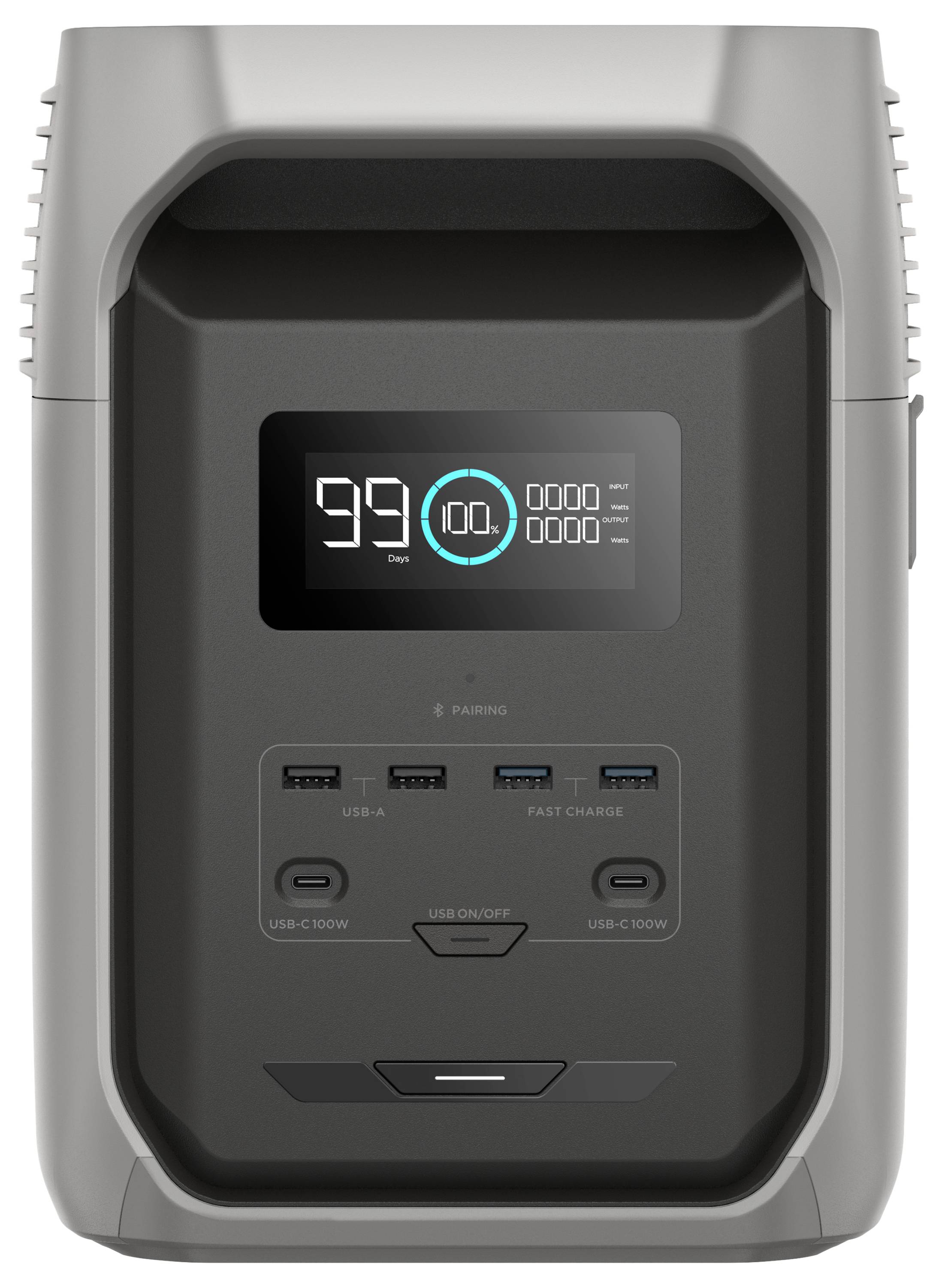 Portable power station with display showing 99% charge. Equipped with USB-A, USB-C, and fast-charge ports.