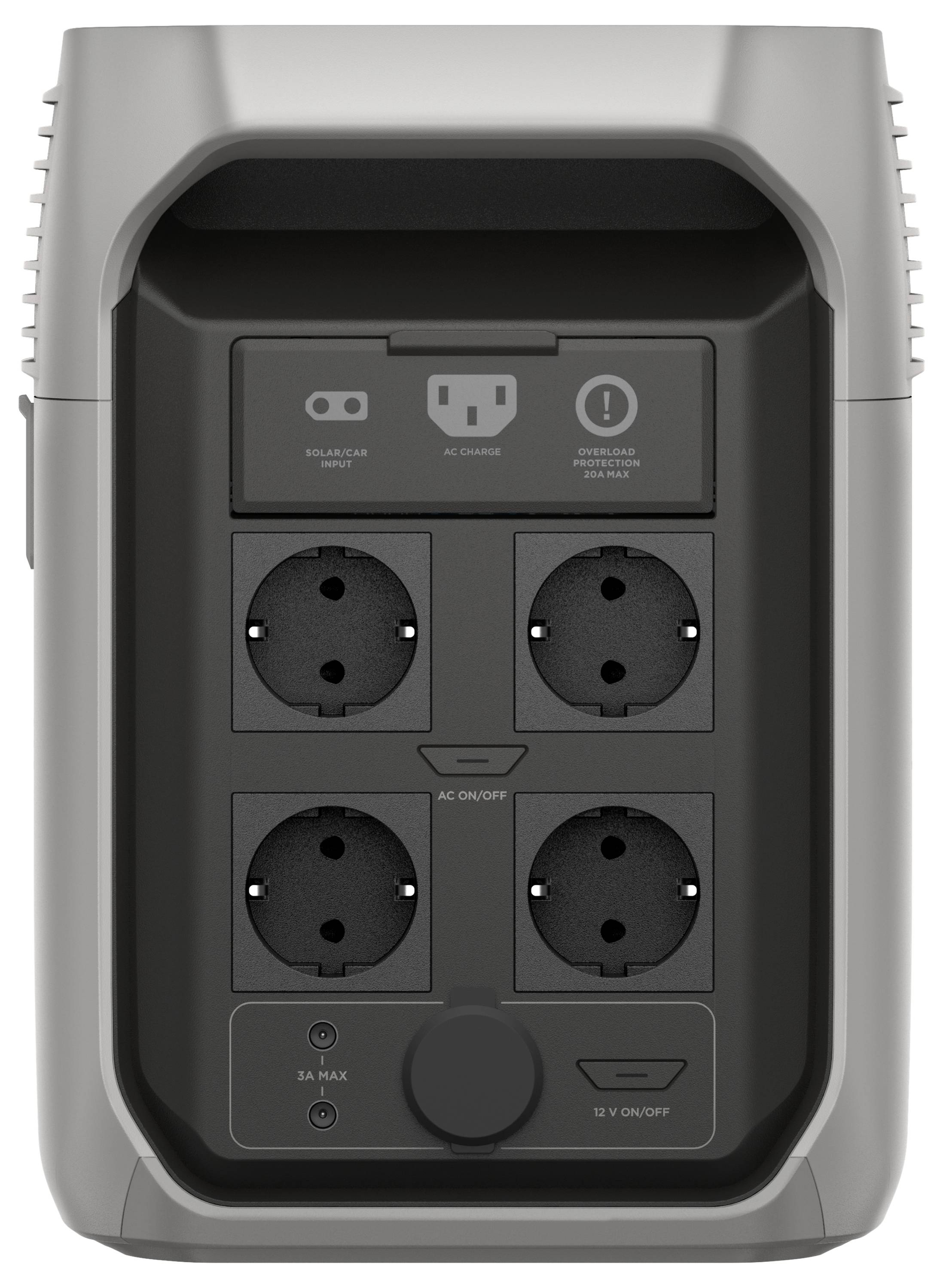 A portable power station with four plug sockets and multiple connections, suitable for various electrical devices.