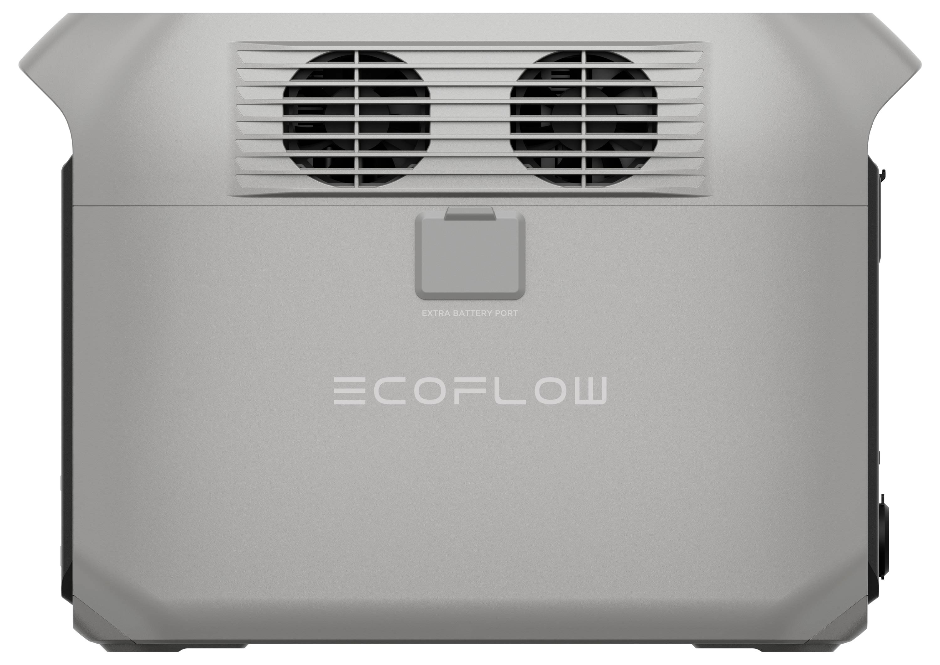 Grey portable power station with two ventilation openings and 'EcoFlow' logo, suitable for outdoor activities or emergency power supply.