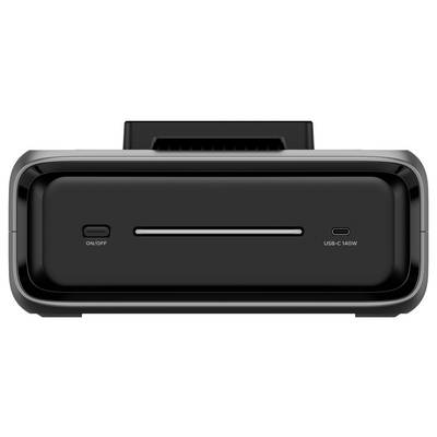 A black docking station viewed from the front, with an on/off button on the left and a 140W USB-C port on the right.