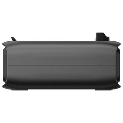 Black plastic casing of a portable device, rectangular with rounded corners, button or lever visible top right.