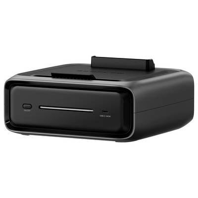 Compact, black printer with power button and USB-C port located on the front right. Designed for small offices or home use.