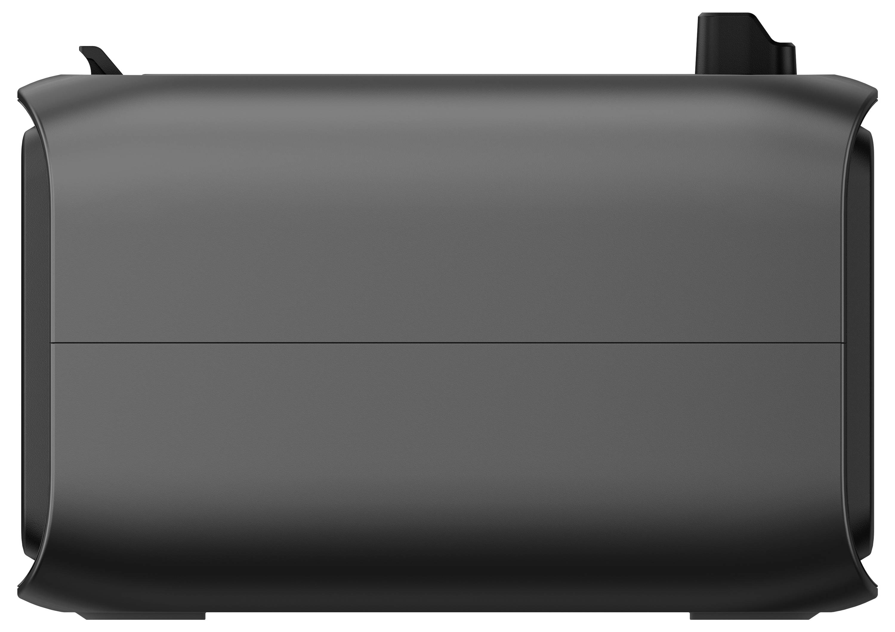 Black, rectangular electronic device with rounded corners and a small stand at the top.