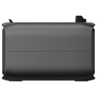 Black, rectangular electronic device with rounded corners and a small stand at the top.