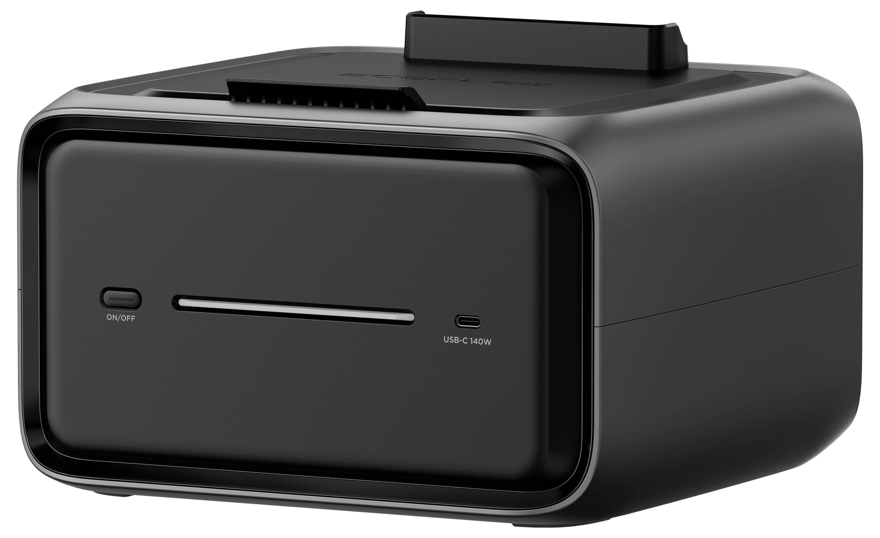 A glossy black printer with a USB-C port and a power button on the front.