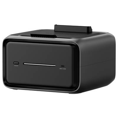 A glossy black printer with a USB-C port and a power button on the front.