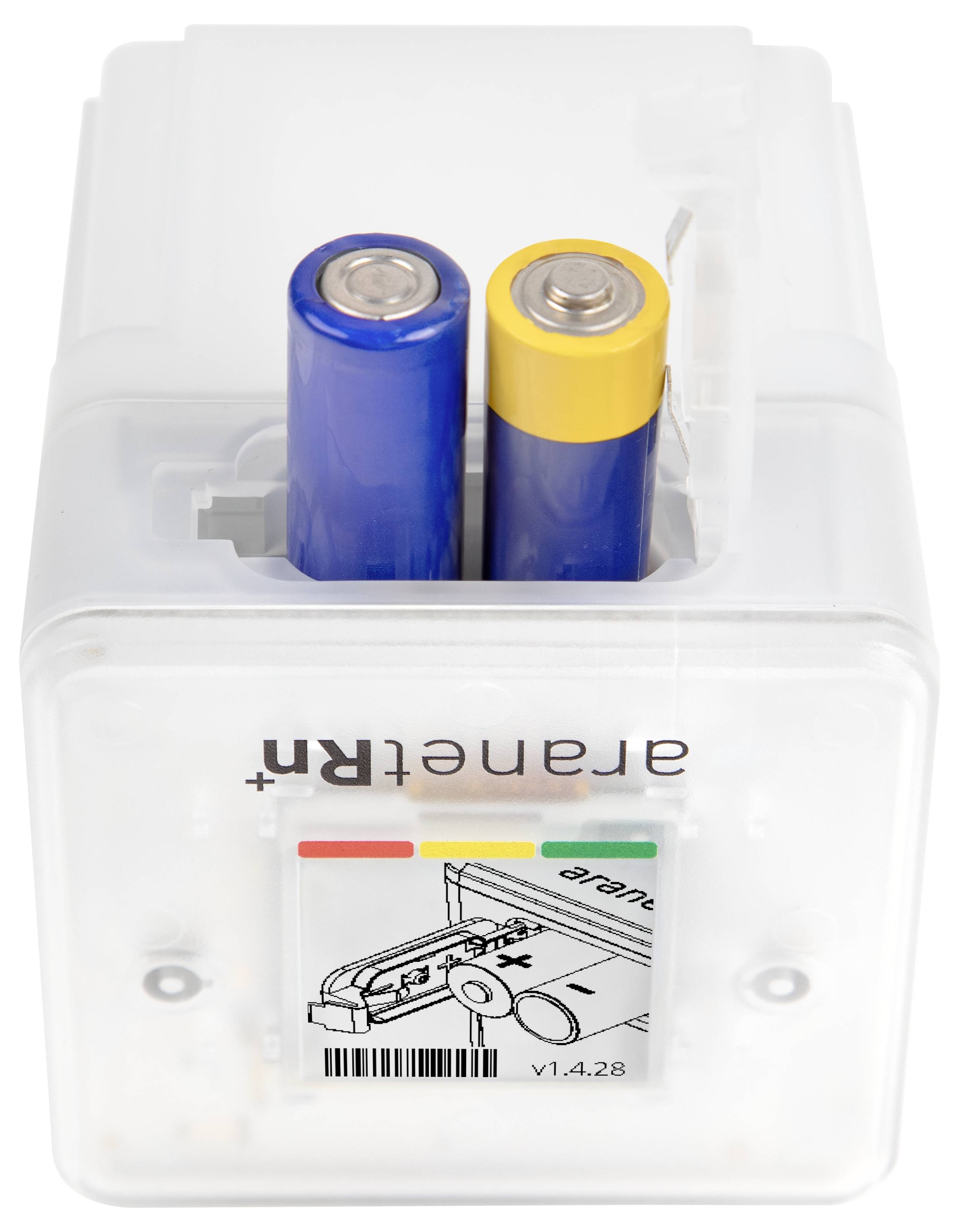 Two batteries in a transparent container, at the front with a label featuring coloured markings and a barcode.