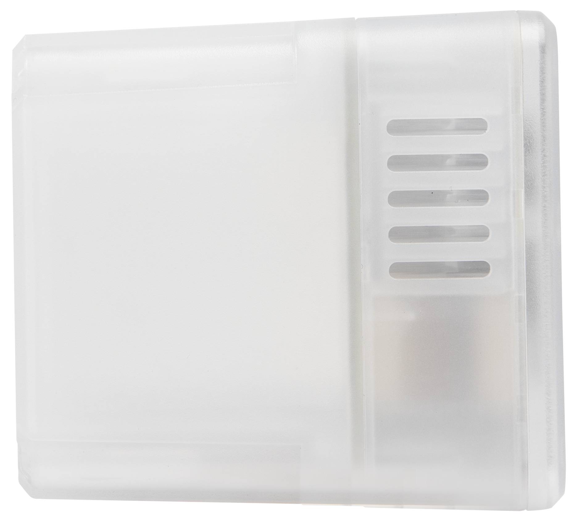 A rectangular, transparent plastic enclosure, possibly for electronic components, with ventilation slots on the right-hand side.