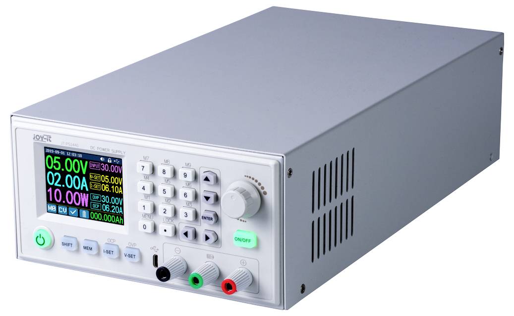 A digital power supply with an LCD screen, displaying voltages (5V, 12V) and current intensities (2A), with multiple buttons and ports.