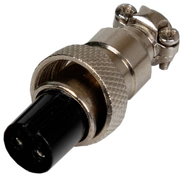 'Close-up of a cylindrical metal plug with a black tip and two contacts, suitable for electronic connections.'