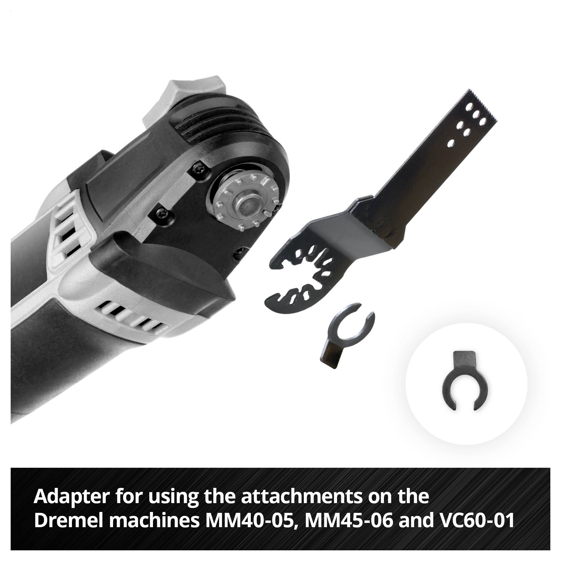 Tool adapter for use with Dremel MM40-05, MM45-06, VC60-01. Adapter and attachment with matching shape shown in image.