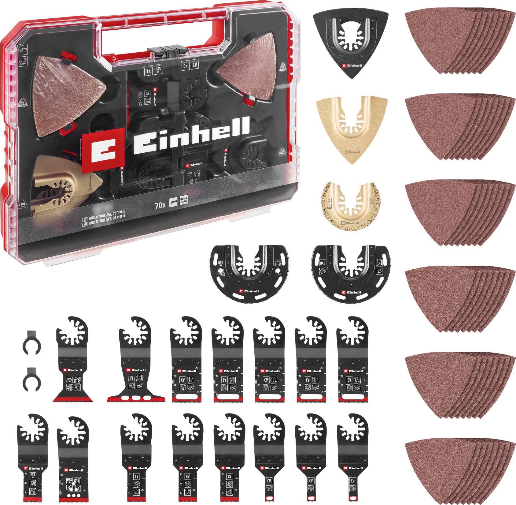 Case with Einhell multi-tool accessories: Various saw blades, sanding papers and tools neatly organised for versatile applications.