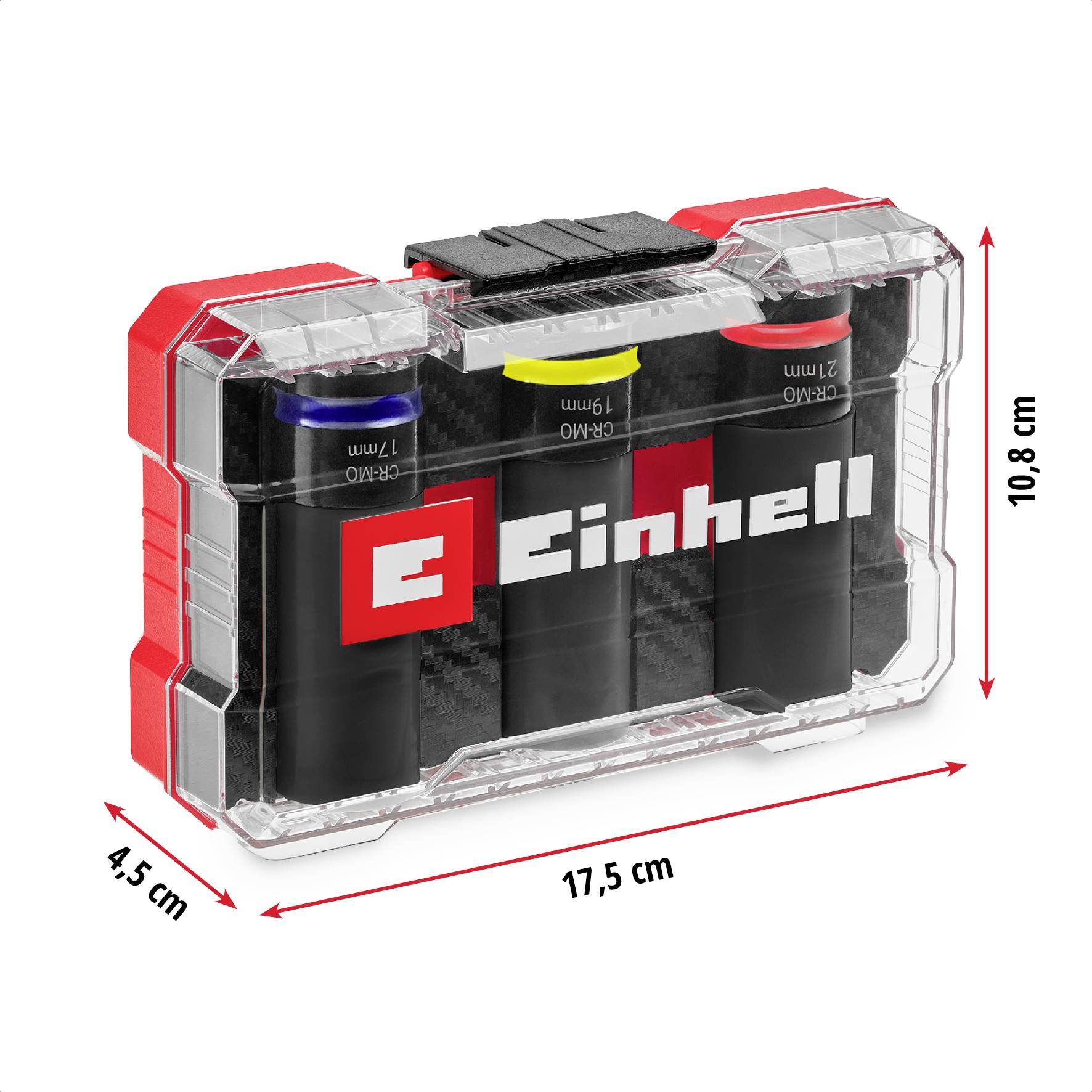 'Einhell' battery set with three batteries in a semi-transparent housing. Size: 17.5 cm width, 4.5 cm depth, 10.8 cm height.