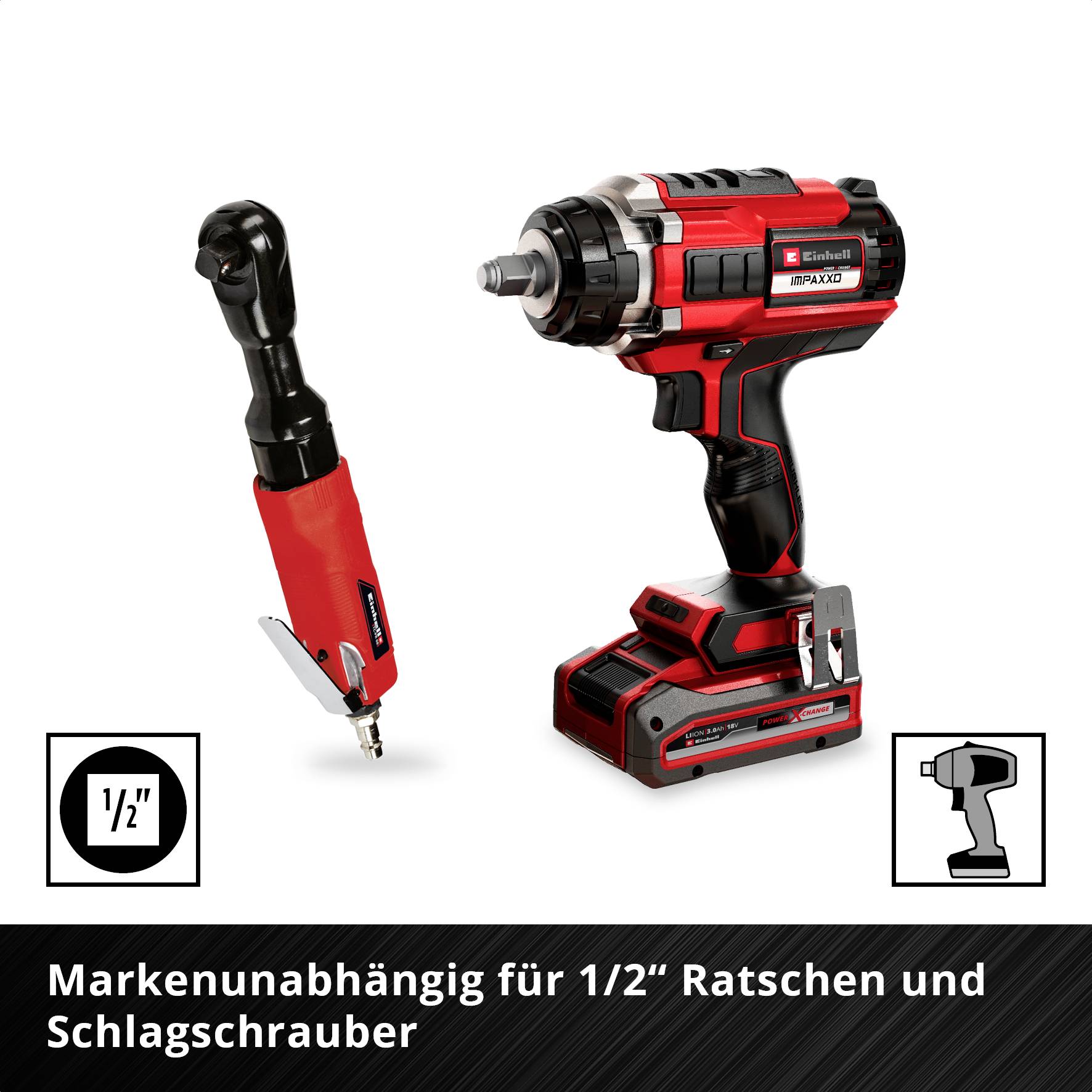 Cordless drill and ratchet in red and black. Text: 'Compatible with 1/2" ratchets and impact drivers from any brand'.