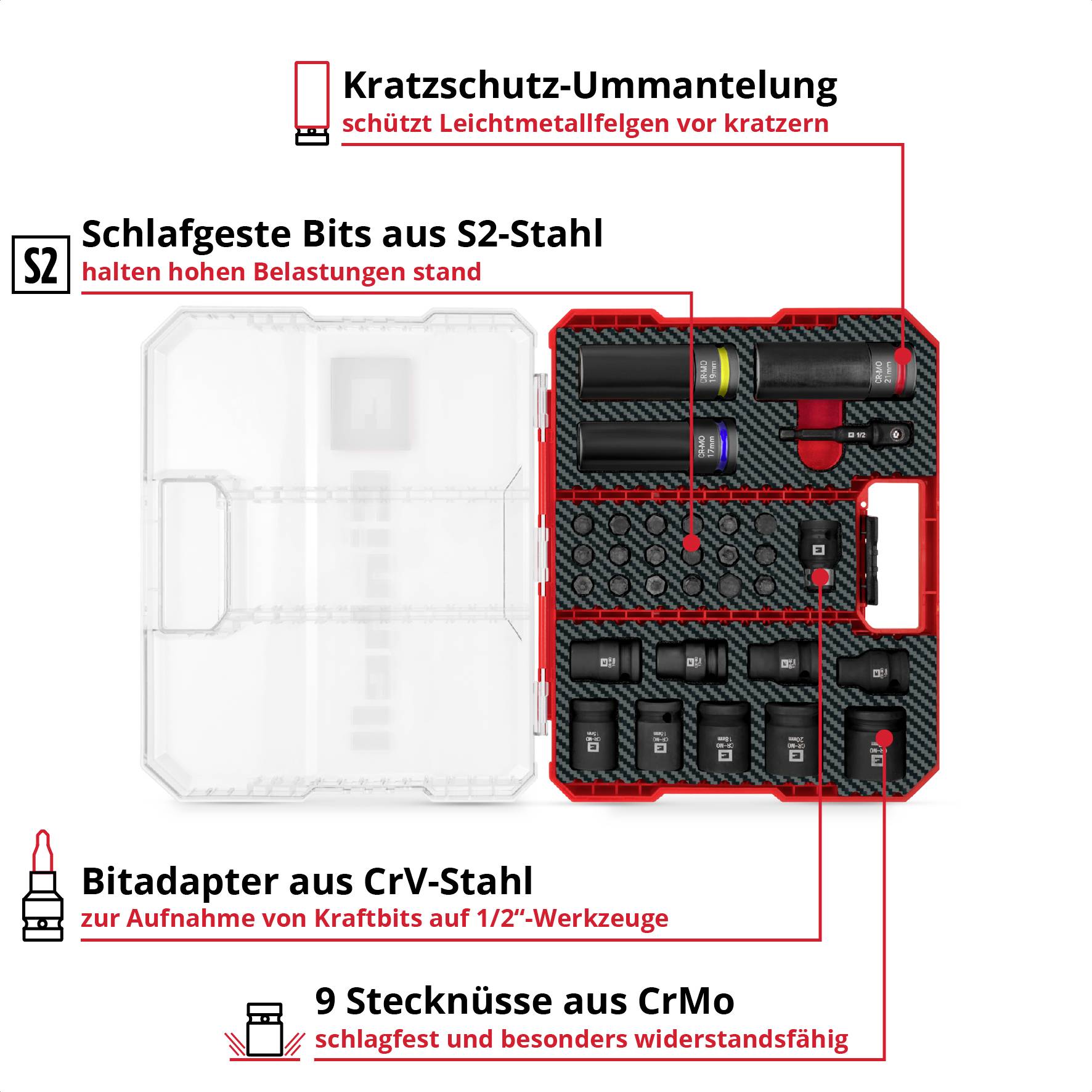 'Don't scratch alloy wheels', 'Impact-resistant bits', 'withstands high loads', 'Bit adapter made of CrV steel', 'impact-resistant and corrosion-resistant'
