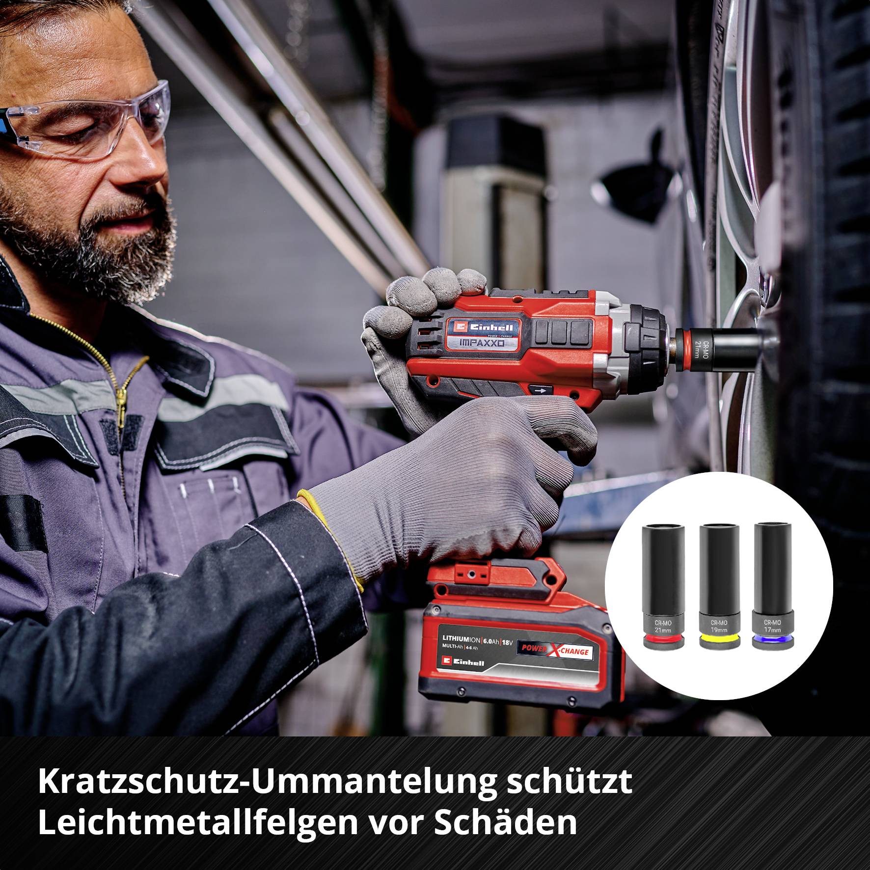 A mechanic checks an alloy wheel with a cordless drill. The caption reads: 'Doesn't scratch, protects wheels'.