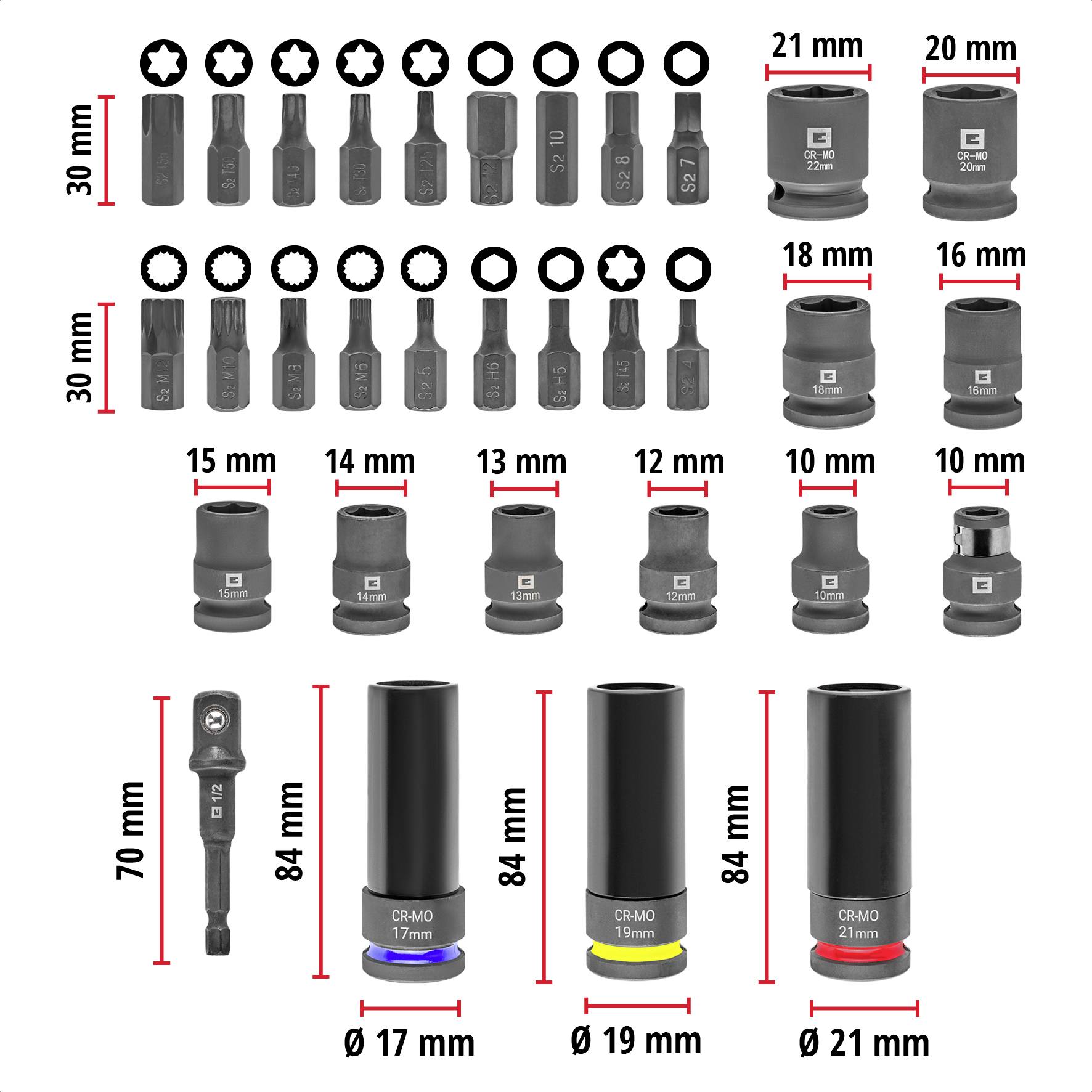 'Socket set: ten sockets (10 - 21 mm), eight Torx bits, four bit adapters, three deep sockets with size marking.'
