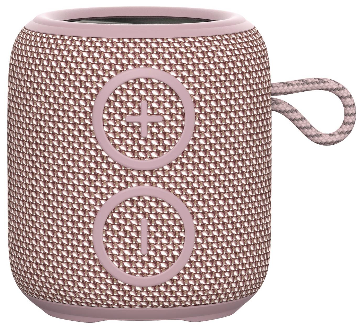 Portable, pink Bluetooth speaker with fabric covering, volume plus and minus buttons on the front, side carrying loop.