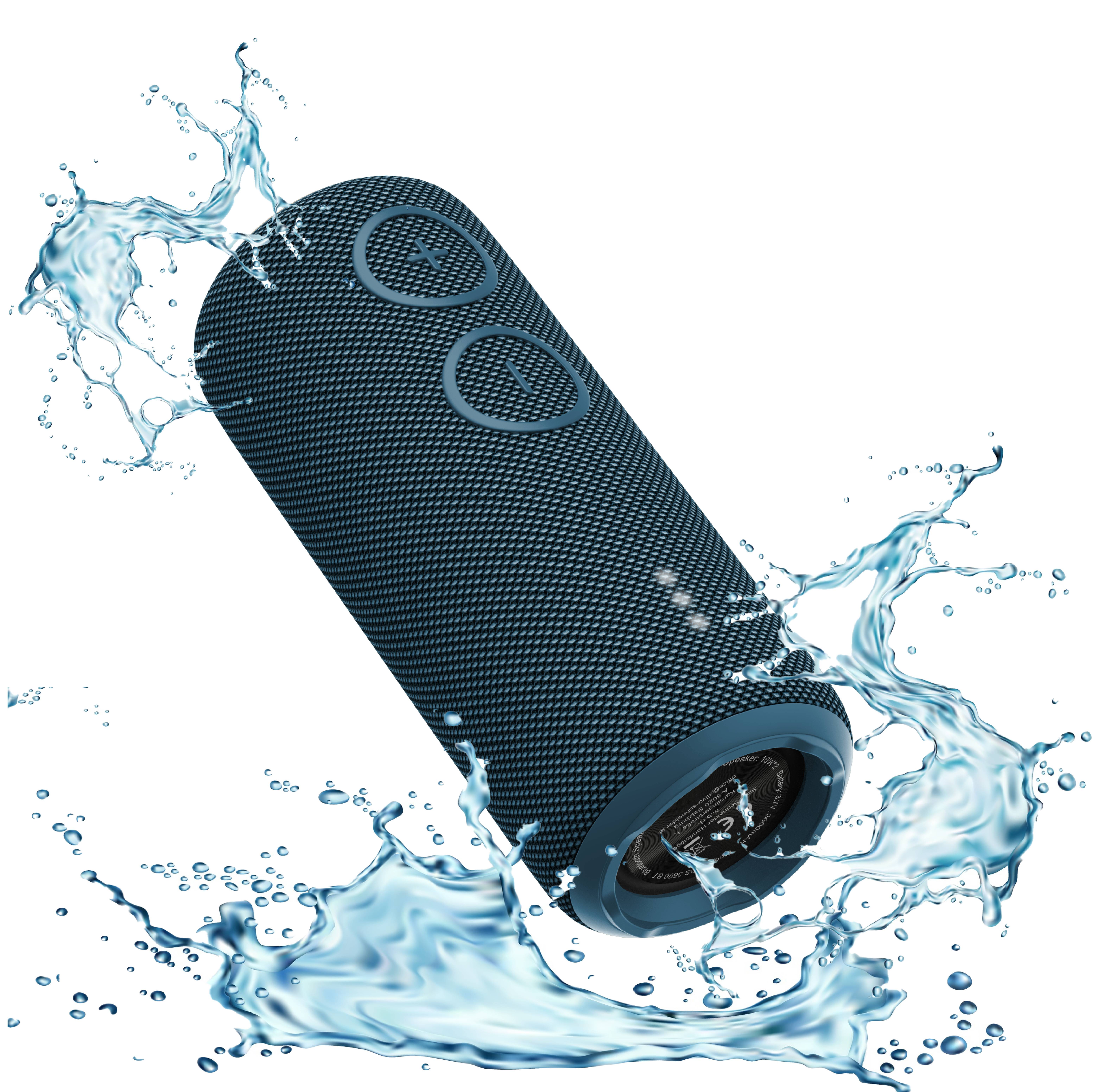 Waterproof blue speaker splashes water, demonstrating robustness and suitability for use in wet environments.