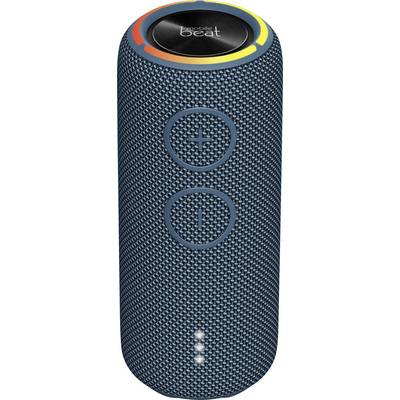 Portable, cylindrical Bluetooth speaker in blue fabric finish with a coloured LED ring and volume controls.