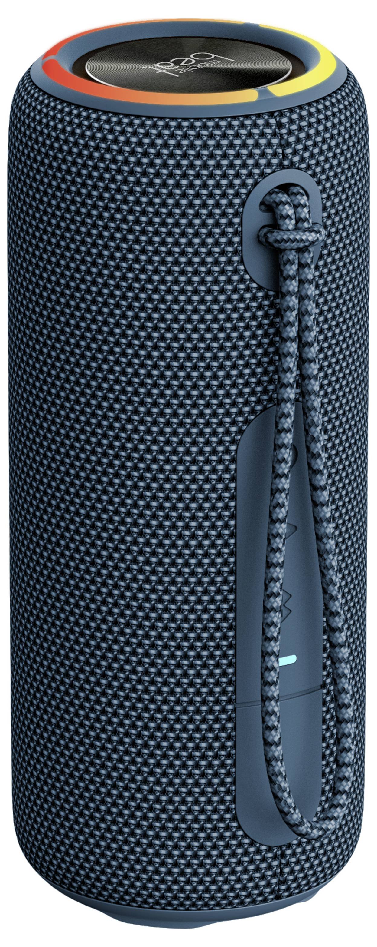Blue portable speaker with a rough texture, fabric strap for carrying, and illuminated light ring on top.