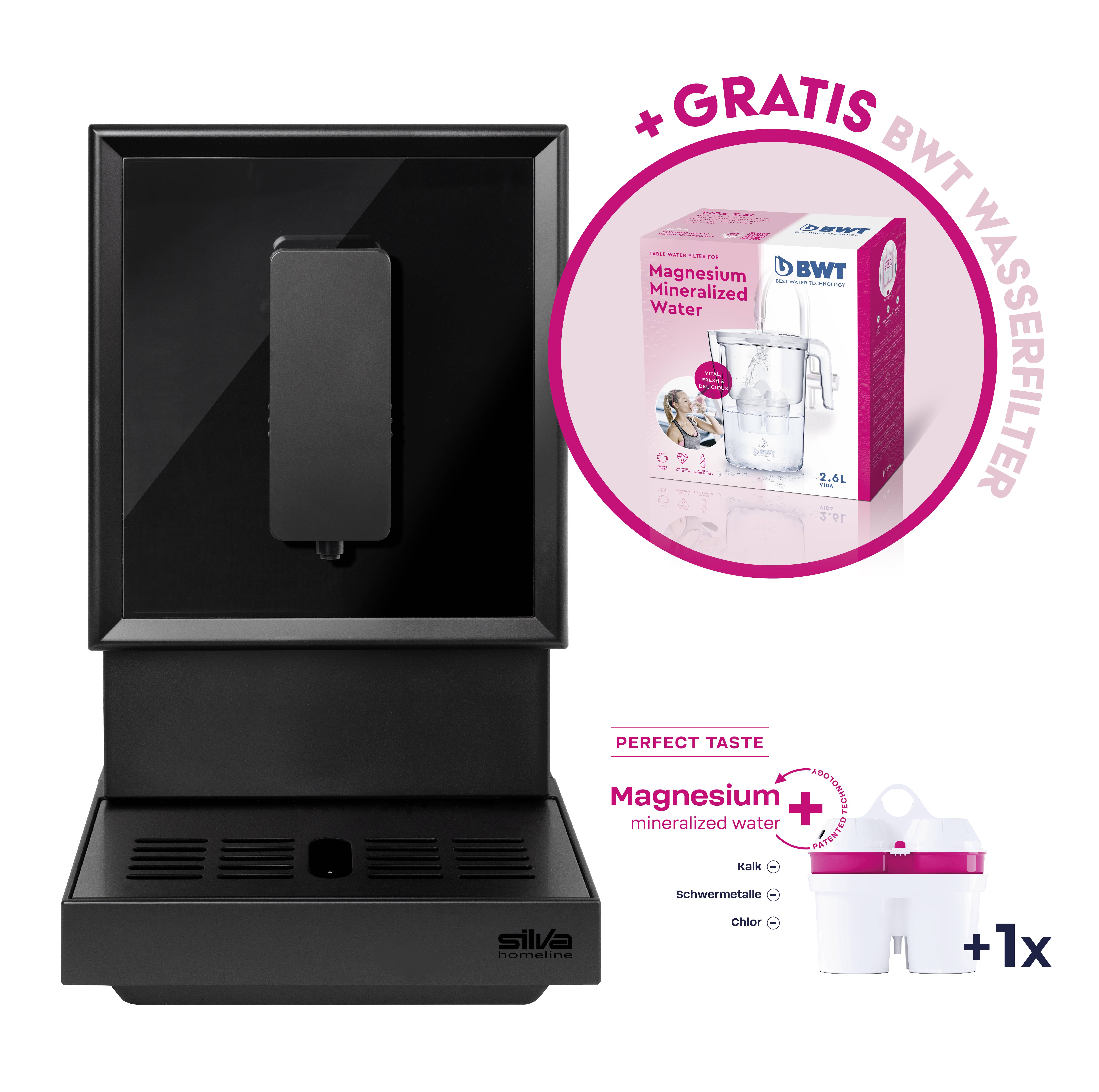 Coffee machine with 'Free BWT water filter' offer. Image shows water filter box and a pack of mineral water.