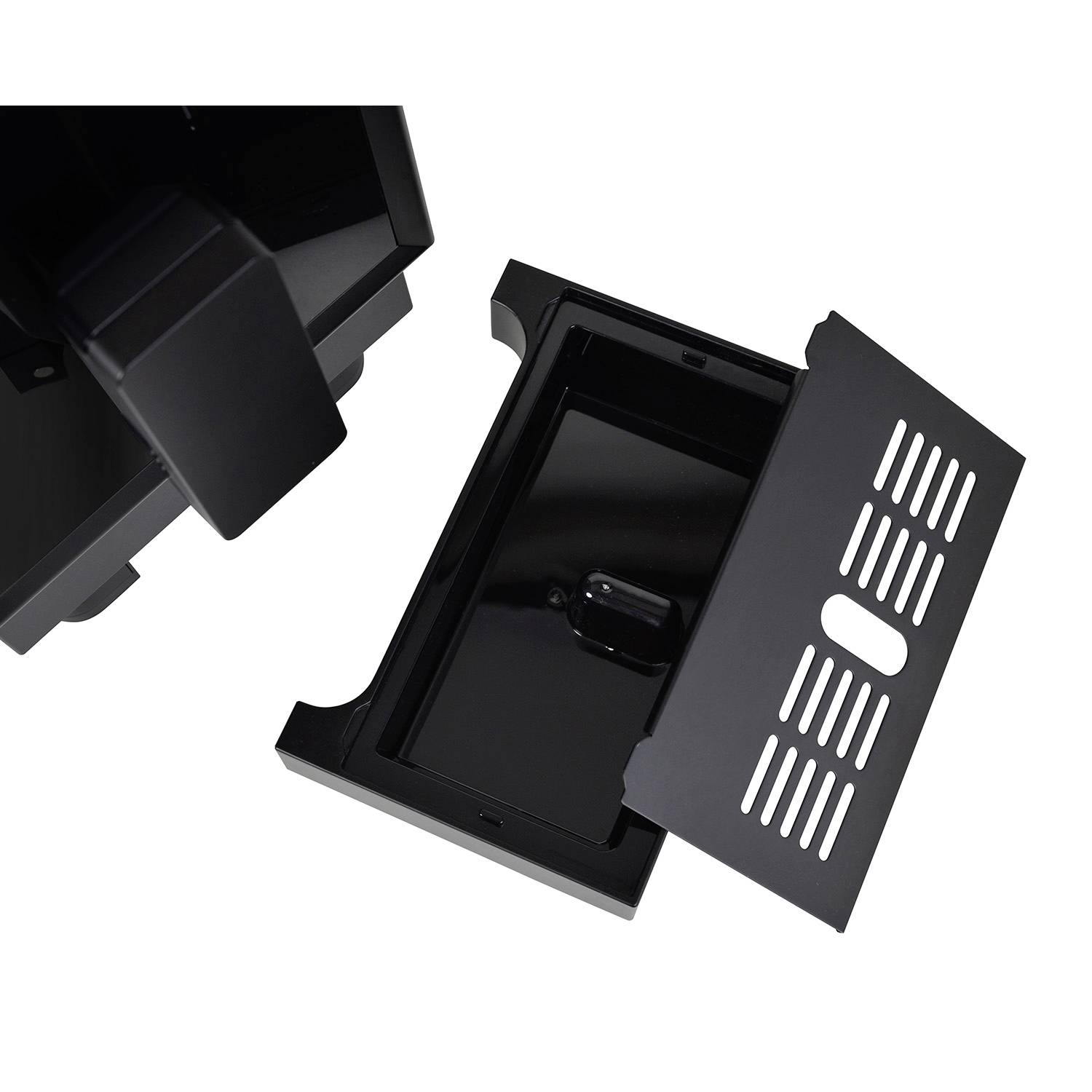 An open black collection tray beneath a device, designed to catch dust or residue. It has a ventilation grille.