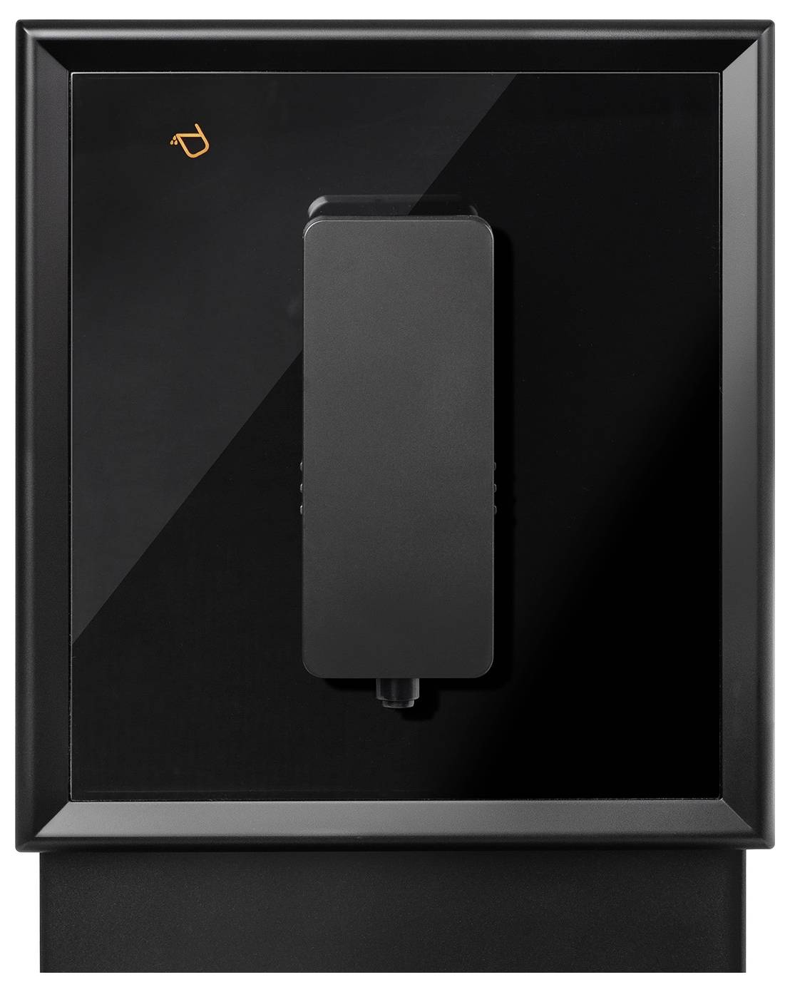 A black electronic device with a modern design. On the front, there is a rectangular component and a small orange symbol.