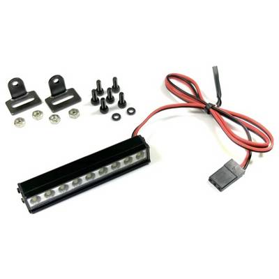 LED light strip with eight LEDs, red and black cable, two metal mounting brackets, six screws, four nuts, and three washers.