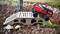 A red remote-controlled car crosses a wooden miniature bridge in an outdoor-like scenario with small rocks and plants.