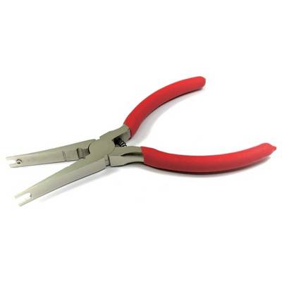 A silver pair of pliers with red handles in an open position. They are often used for repair work and handling small parts.