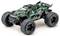 Remote-controlled car in black and green with large off-road tyres and an aerodynamic design.