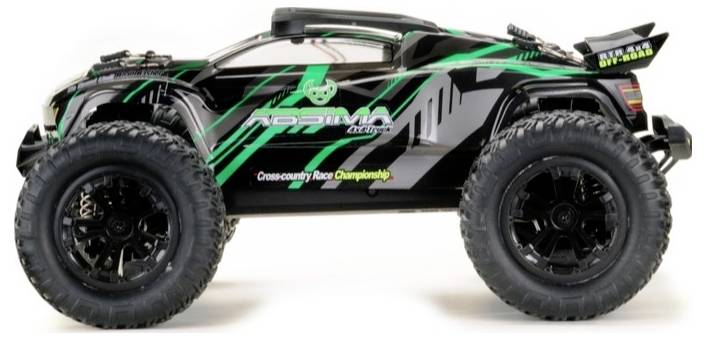 A black remote-controlled car with green accents and large off-road tyres, with 'Crosscountry Race Championship' written on the side.