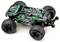 A remote-controlled car with a green and black design and large, robust tyres. Suitable for off-road driving.