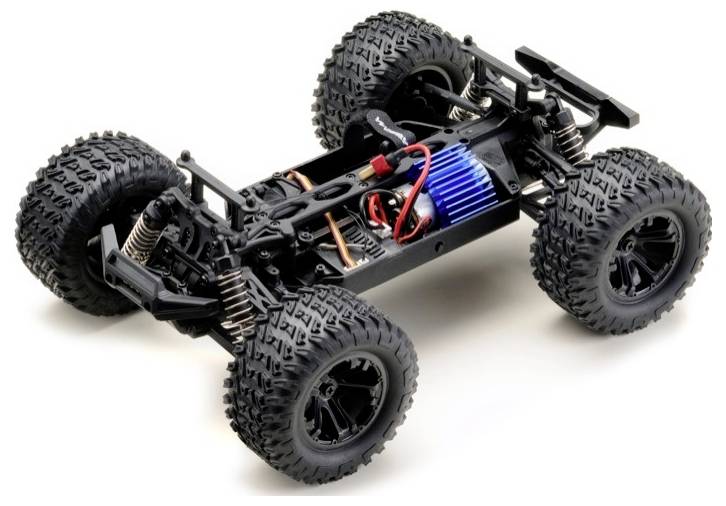 Toy car chassis with large, chunky tyres and visible engine. Showcases technical details and suspension.