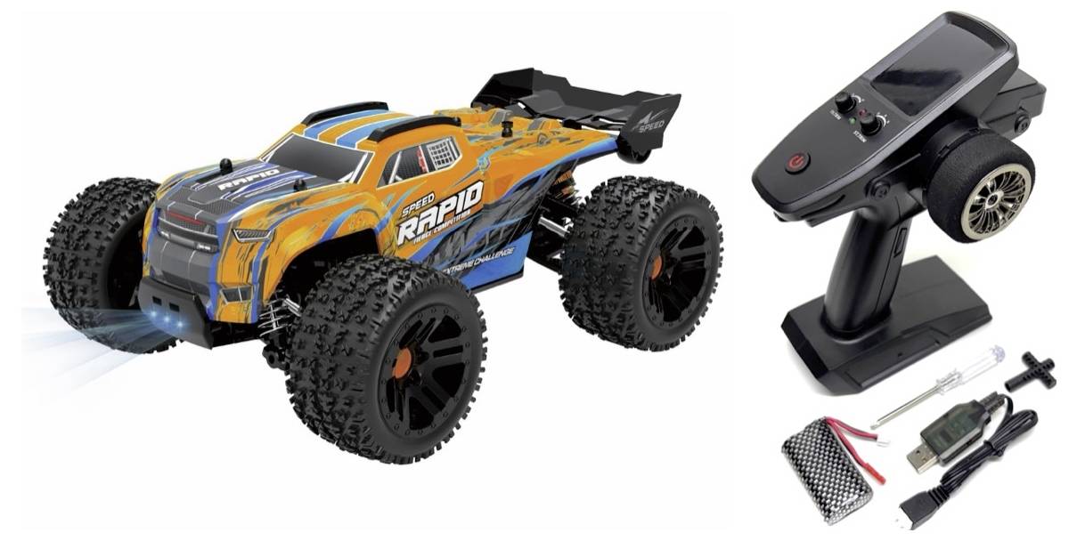 Remote-controlled car with chunky tyres, orange-blue design and accessories including remote control and charger. Ideal for outdoor racing.