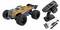 Remote-controlled car with chunky tyres, orange-blue design and accessories including remote control and charger. Ideal for outdoor racing.