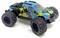A remote-controlled car with large, structured tyres and a colourful design in blue, yellow and black on a white background.