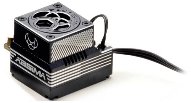 An electronic speed controller for remote-controlled vehicles, primarily black with silver heat sinks and cables.