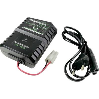 A charger with a mains plug and connecting cable for NiMH batteries. Markings on the housing indicate charging information.