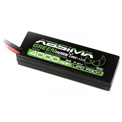 'Abisma Greenhorn Line V2.5' 4000 mAh 7.4V LiPo Battery, rectangular, black with green labelling, red and black connection cables.