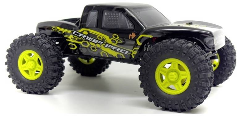 Black remote-controlled toy car with large yellow wheels and a geometric pattern on the side, against a white background.