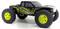 Black remote-controlled toy car with large yellow wheels and a geometric pattern on the side, against a white background.