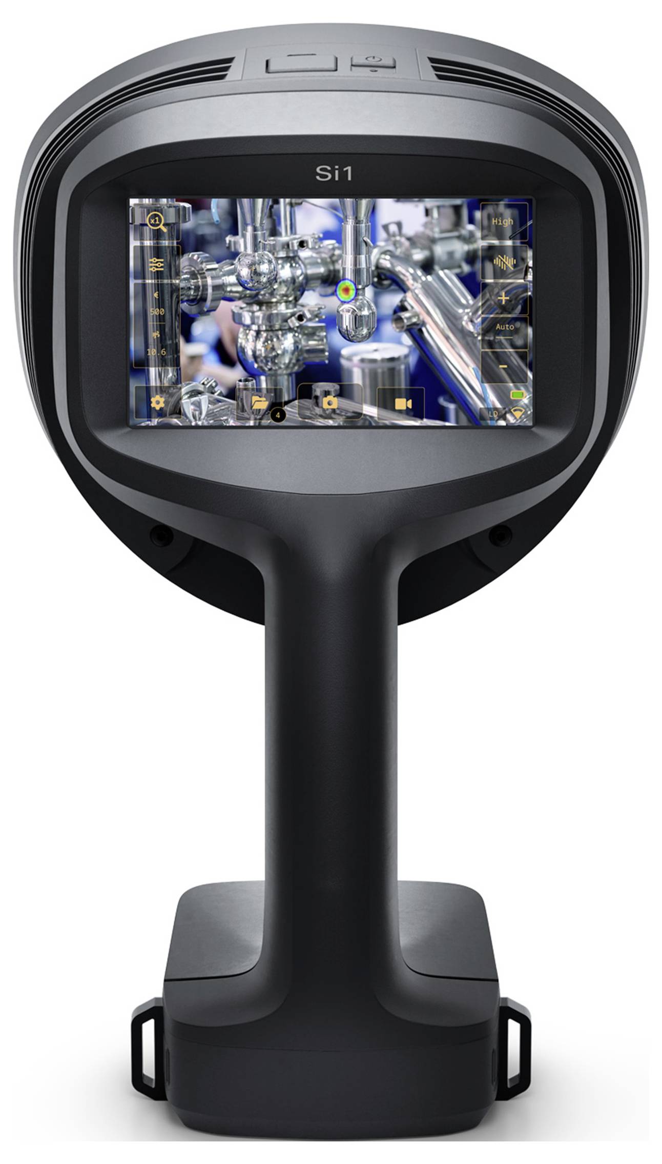 A black and grey handheld device with a screen displaying a technical, industrial scenario, likely for inspection purposes.