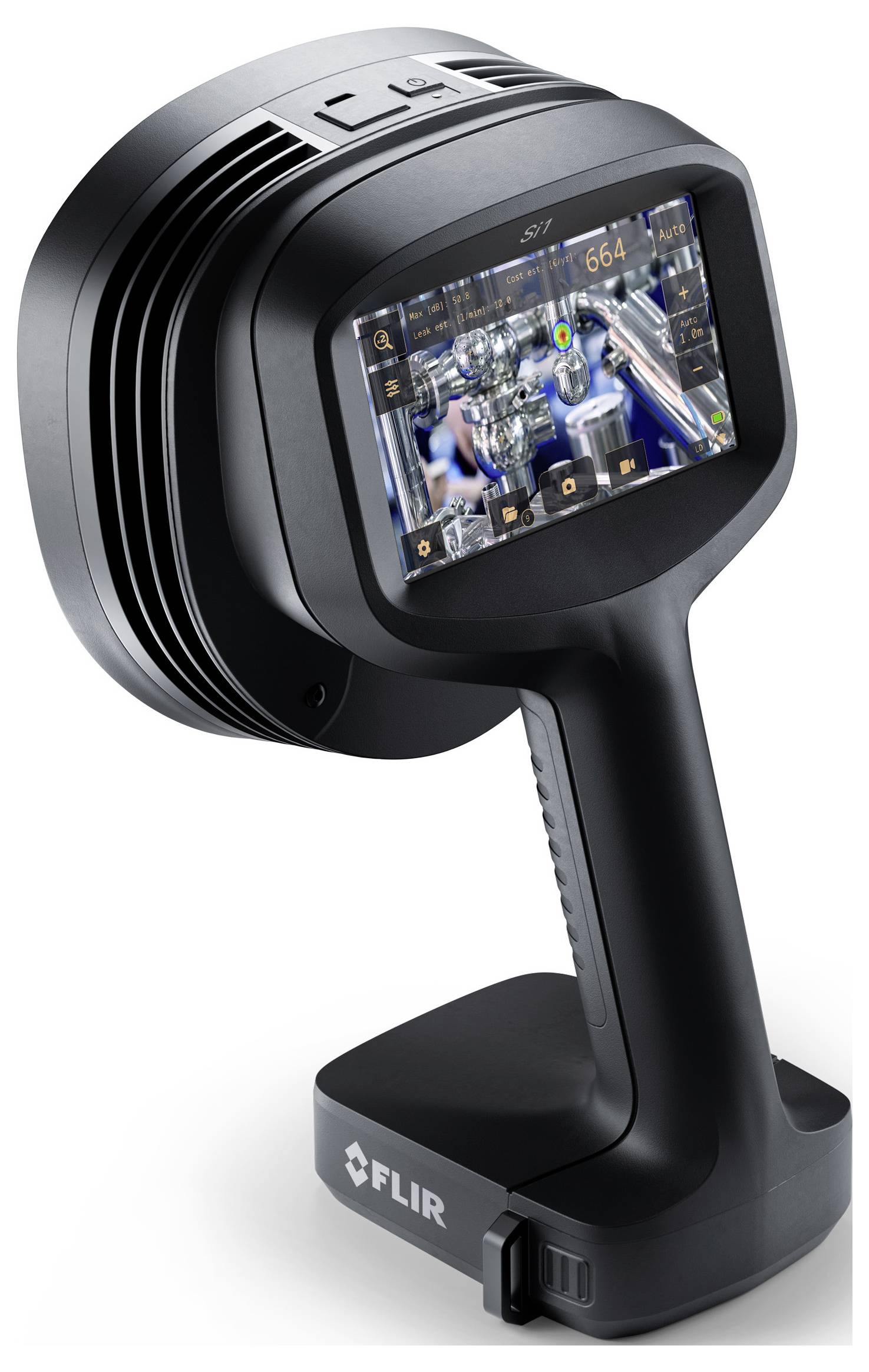 A black thermal imaging camera with display showing technical details and functions, suitable for industrial applications.